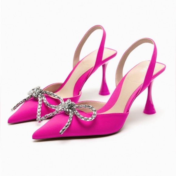 Women’s Zara Pink Slingback Heel Satin Effect Rhinestone Bow Shoes US 6 - Picture 10 of 11
